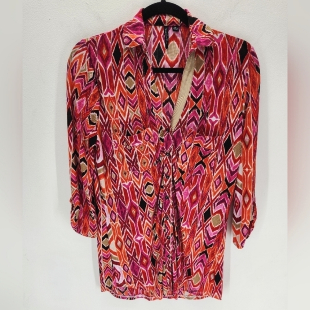 Y2K Vintage Venini Printed Sheer Button Down Shirt Womens Medium Orange Red Pink - Picture 1 of 10